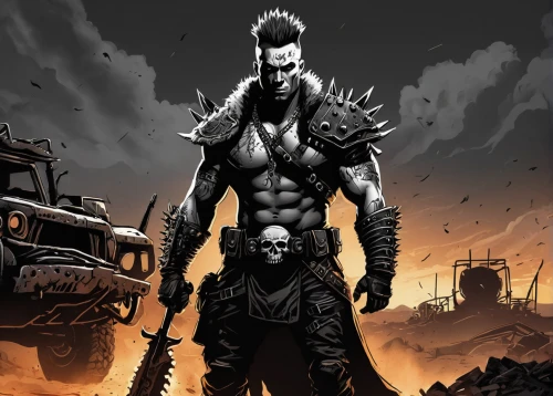 mad max,warrior and orc,wolverine,crossbones,warlord,saw blade,game illustration,mercenary,bane,heroic fantasy,raider,half orc,game art,war machine,frankenstein,leopard's bane,dead earth,blade,comic book,gear shaper,Illustration,Black and White,Black and White 04