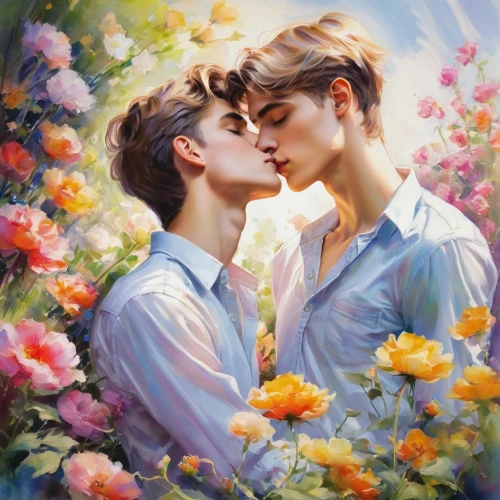 gay love,romantic portrait,kiss flowers,garden of eden,hydrangeas,gay couple,romantic scene,scent of roses,young couple,glbt,floral heart,amorous,idyll,honeymoon,twin flowers,kissing,bouquets,cheek kissing,bunches of rowan,tenderness,Illustration,Paper based,Paper Based 11