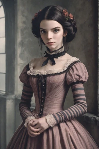 victorian lady,victorian fashion,gothic portrait,female doll,victorian style,the victorian era,girl in a historic way,jane austen,elizabeth nesbit,gothic fashion,gothic woman,vampire woman,old elisabeth,angelica,marguerite,queen anne,doll's house,victorian,goth woman,vampire lady,Photography,Realistic