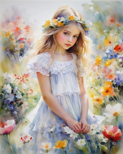 girl in flowers,girl picking flowers,flower painting,little girl fairy,girl in the garden,flower girl,child fairy,beautiful girl with flowers,meadow in pastel,flower fairy,children's background,relaxed young girl,little girl in wind,watercolor painting,innocence,child portrait,art painting,springtime background,oil painting on canvas,oil painting,Illustration,Paper based,Paper Based 11