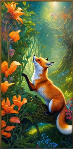 garden-fox tail,koi pond,glass painting,fox,fox stacked animals,fox hunting,a fox,flower painting,colored pencil background,vulpes vulpes,oil painting on canvas,ring-tailed,springtime background,whimsical animals,firefox,cute fox,fantasy picture,fauna,mozilla,adorable fox,Conceptual Art,Fantasy,Fantasy 05