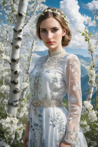 bridal clothing,girl in flowers,spring background,linden blossom,birch tree background,springtime background,jessamine,wedding dress,bridal dress,white rose snow queen,white blossom,wedding gown,celtic queen,beautiful girl with flowers,girl in a long dress,flowers png,suit of the snow maiden,floral,blossoming apple tree,wedding dresses,Photography,Realistic