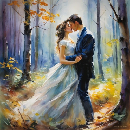 dancing couple,oil painting on canvas,oil painting,romantic portrait,wedding couple,young couple,art painting,wedding frame,romantic scene,photo painting,love in the mist,wedding photo,watercolor background,beautiful couple,couple in love,oil on canvas,forest background,bride and groom,painting technique,watercolor painting,Illustration,Paper based,Paper Based 11