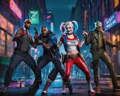 cyberpunk,harley quinn,cg artwork,gangstar,game art,street dance,dance club,game characters,zombies,thriller,comic characters,birds of prey-night,would a background,music background,media concept poster,harley,rent,halloween poster,merc,entertainers,Illustration,Realistic Fantasy,Realistic Fantasy 21