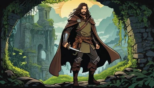 the wanderer,game illustration,jrr tolkien,heroic fantasy,adventurer,robin hood,apothecary,thorin,bard,cloak,male character,wanderer,male elf,elven,gamekeeper,swordsman,massively multiplayer online role-playing game,hooded man,merchant,hamelin,Unique,Design,Sticker