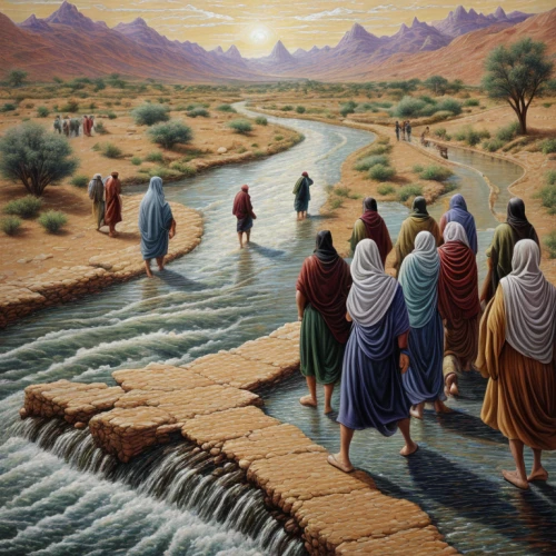 jordan river,low water crossing,genesis land in jerusalem,river of life project,fetching water,oil painting on canvas,pilgrims,moses,disciples,way of the cross,jordan river valley,contemporary witnesses,assyrian,khokhloma painting,migration,church painting,migratory,to the river,woman at the well,afar tribe