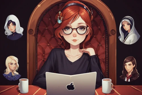girl at the computer,women in technology,business women,illustrator,game illustration,bussiness woman,businesswomen,girl studying,computer addiction,online meeting,women's novels,fairy tale icons,massively multiplayer online role-playing game,computer skype,sci fiction illustration,the girl's face,anime cartoon,reading glasses,world digital painting,tumblr icon,Illustration,Abstract Fantasy,Abstract Fantasy 11