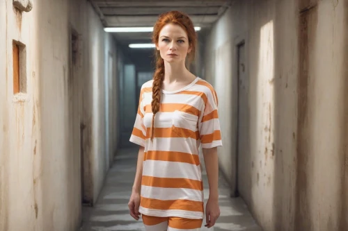 prisoner,prison,the girl in nightie,asylum,tilda,hospital gown,nightwear,horizontal stripes,one-piece garment,orange robes,the morgue,women clothes,nightgown,isolated t-shirt,women's clothing,sigourney weave,girl in a long dress,long-sleeved t-shirt,arbitrary confinement,queen cage,Photography,Realistic