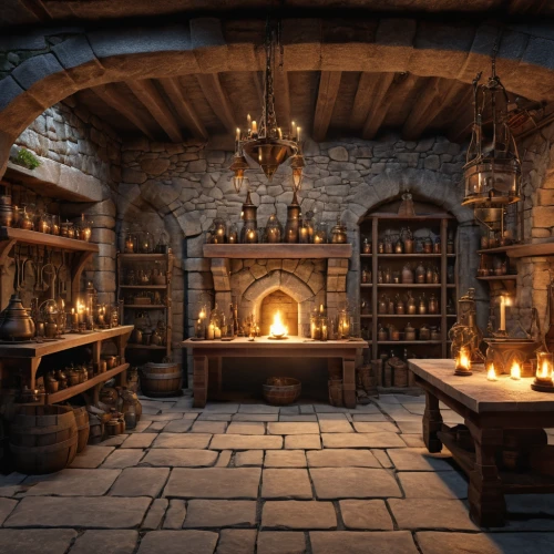 apothecary,candlemaker,tavern,wine cellar,wine tavern,fireplaces,medieval architecture,wine bar,the kitchen,tile kitchen,victorian kitchen,medieval,potions,kitchen interior,fireplace,hearth,big kitchen,chefs kitchen,collected game assets,hobbiton,Photography,General,Realistic