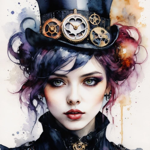 steampunk,steampunk gears,clockmaker,clockwork,watchmaker,victorian lady,hatter,fantasy art,fantasy portrait,alice,timepiece,ringmaster,clocks,victorian style,chronometer,ornate pocket watch,gothic portrait,clock face,black hat,gothic fashion,Illustration,Paper based,Paper Based 20