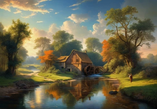 autumn landscape,home landscape,fantasy landscape,autumn idyll,rural landscape,landscape background,river landscape,fall landscape,water mill,house with lake,fantasy picture,farm landscape,fisherman's house,summer cottage,lonely house,dutch landscape,one autumn afternoon,autumn scenery,autumn background,autumn morning,Conceptual Art,Fantasy,Fantasy 05