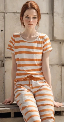 horizontal stripes,stripes,prisoner,mime,striped,striped background,girl in overalls,orange,pippi longstocking,mime artist,raggedy ann,stripe,overalls,orange color,pjs,clementine,stripped leggings,orange half,pajamas,girl sitting