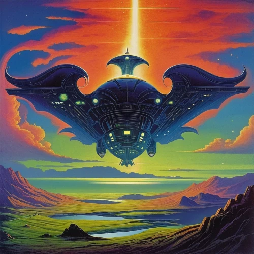 ufos,ufo,starship,alien ship,ufo intercept,flying saucer,brauseufo,ufo interior,space ship,futuristic landscape,zeppelin,sci - fi,sci-fi,vulcania,747,futuristic,space ships,1982,scifi,science fiction,Conceptual Art,Sci-Fi,Sci-Fi 18