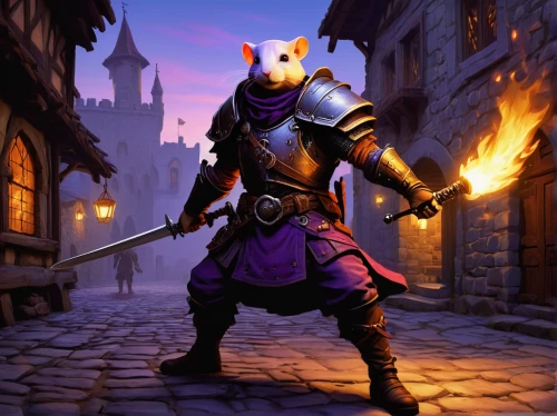 kobold,color rat,splinter,bard,cullen skink,assassin,dusk background,rataplan,castleguard,fluyt,art bard,jester,dane axe,blacksmith,robin hood,medieval,adventurer,mercenary,rat,massively multiplayer online role-playing game,Art,Classical Oil Painting,Classical Oil Painting 40