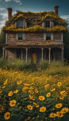 abandoned house,dandelion hall,abandoned place,homestead,abandoned places,yellow garden,witch's house,abandoned,old home,dandelion meadow,farmstead,lostplace,old house,lost places,abandoned building,dandelion field,country house,witch house,sunflowers,blanket flowers,Photography,General,Fantasy