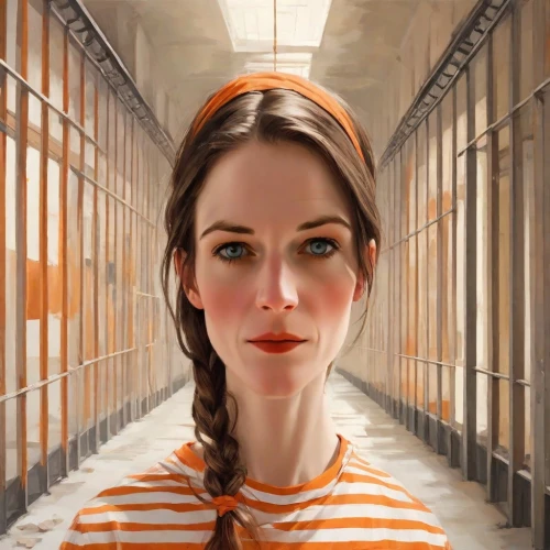 prisoner,prison,arbitrary confinement,detention,orange,the girl at the station,captivity,clementine,woman holding pie,portrait background,telephone operator,orange robes,woman portrait,sci fiction illustration,queen cage,girl in a historic way,artist portrait,girl portrait,striped background,the girl's face,Digital Art,Classicism