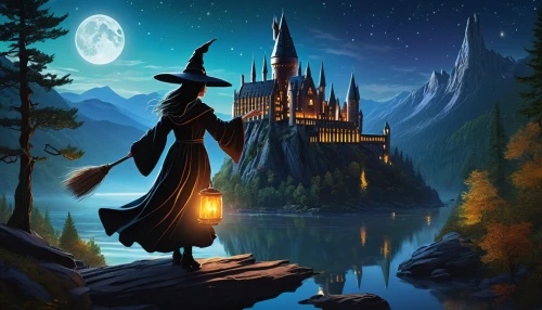 hogwarts,witch's hat icon,fantasy picture,magical adventure,wizard,witch broom,broomstick,halloween background,witch's house,witch's hat,celebration of witches,wizards,witch house,the wizard,magical,potter,harry potter,witch,fairy tale castle,mystery book cover,Illustration,Retro,Retro 23
