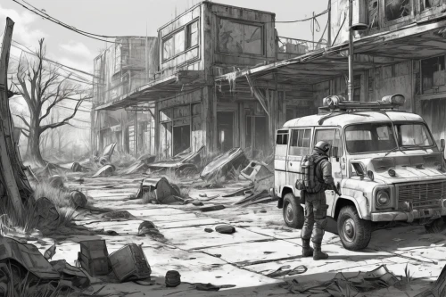 post apocalyptic,junkyard,slums,post-apocalyptic landscape,scrap yard,scrapyard,post-apocalypse,destroyed city,junk yard,salvage yard,scrapped car,scrap car,ghost town,street cleaning,lost place,war zone,slum,fallout4,wasteland,concept art,Illustration,Black and White,Black and White 30