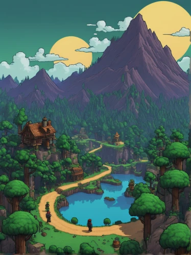 cartoon video game background,druid grove,altiplano,monkey island,landscape background,an island far away landscape,backgrounds,mountain plateau,mountain valley,mushroom landscape,mountain world,mountainous landscape,devilwood,mountain landscape,mountain scene,cartoon forest,river pines,swampy landscape,karst landscape,salt meadow landscape,Illustration,Japanese style,Japanese Style 08