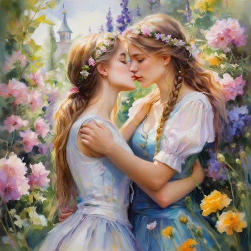 girl kiss,romantic portrait,kiss flowers,amorous,romantic scene,young couple,two girls,floral greeting,tenderness,oil painting on canvas,scent of roses,splendor of flowers,fairies,kissing,young women,princesses,idyll,oil painting,picking flowers,mother kiss