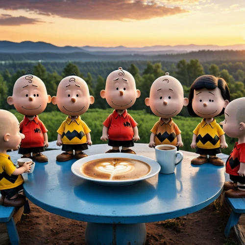 peanuts,popeye village,marzipan figures,kewpie dolls,family picnic,arrowroot family,last supper,family dinner,despicable me,snoopy,parsley family,seven citizens of the country,minions,family gathering,poppy family,round table,daisy family,clay animation,little people,mustard and cabbage family