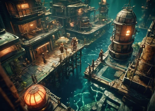 underwater playground,ancient city,fantasy city,3d fantasy,dungeon,steampunk,apiarium,aqua studio,heavy water factory,atlantis,popeye village,docks,dungeons,concept art,water castle,aquarium,metropolis,apothecary,shipyard,escher village,Unique,3D,Panoramic