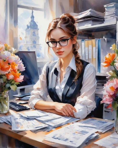 librarian,girl studying,secretary,girl at the computer,office worker,receptionist,artist portrait,reading glasses,tutor,administrator,study,world digital painting,author,scholar,bookkeeper,romantic portrait,girl portrait,academic,in a working environment,clerk,Conceptual Art,Oil color,Oil Color 03