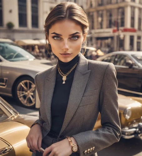 business girl,business woman,elegant,elegance,businesswoman,gold jewelry,valet,executive,woman in menswear,femme fatale,black and gold,luxury accessories,collar,black suit,dark suit,girl and car,gold watch,w222,business women,car model,Photography,Realistic