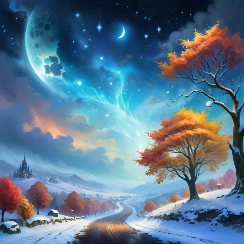 fantasy landscape,fantasy picture,moon and star background,autumn background,landscape background,autumn landscape,lunar landscape,fantasy art,astronomy,moonlit night,starry sky,the night sky,fall landscape,night sky,space art,winter background,autumn scenery,dreamland,dream world,autumn sky,Illustration,Realistic Fantasy,Realistic Fantasy 01
