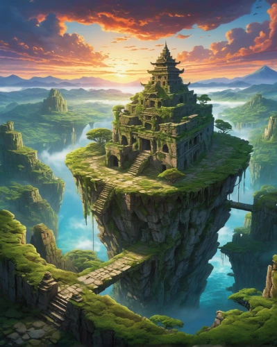 fantasy landscape,ancient city,meteora,mushroom landscape,bastei,mushroom island,high landscape,mountain settlement,an island far away landscape,karst landscape,fantasy picture,mountain world,landscape background,mountainous landscape,mountain landscape,the ruins of the,ruined castle,ancient buildings,knight's castle,world digital painting,Illustration,Japanese style,Japanese Style 05