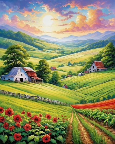 farm landscape,vegetables landscape,home landscape,rural landscape,landscape background,farm background,meadow landscape,vegetable field,nature landscape,beautiful landscape,flower field,landscape nature,countryside,green landscape,poppy fields,fruit fields,landscape,landscape red,panoramic landscape,blooming field,Illustration,Paper based,Paper Based 09