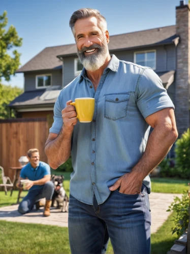 prostate cancer,ivan-tea,lumberjack pattern,brawny,house insurance,tea,dad,party dad,tradesman,holding cup,tetleys,home ownership,commercial,homeownership,testicular cancer,tea cup fella,non-dairy creamer,oat,blue-collar worker,goldenrod tea,Conceptual Art,Oil color,Oil Color 19
