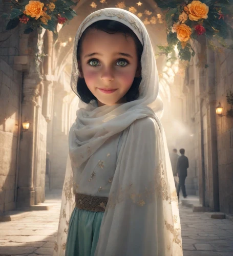girl in a wreath,mystical portrait of a girl,flower girl,snow white,the prophet mary,fatima,the little girl,little girl fairy,fantasy portrait,princess anna,little princess,beautiful girl with flowers,girl in flowers,white rose snow queen,little girl in wind,girl in a historic way,rapunzel,girl praying,the snow queen,islamic girl,Photography,Natural