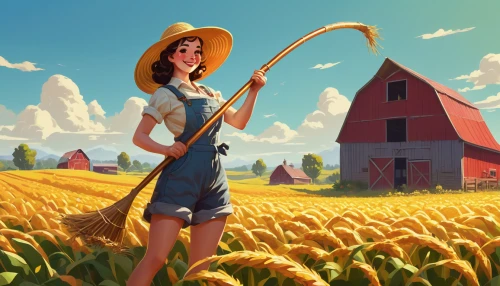 farm girl,wheat field,farmer,countrygirl,field of cereals,scythe,straw field,prairie,wheat fields,woman of straw,straw hat,farming,wheat crops,farm background,cornfield,grain field,barley field,agriculture,corn field,wheat ears,Illustration,Retro,Retro 10