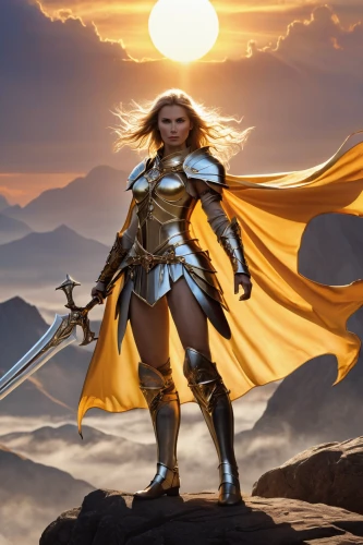 paladin,female warrior,cullen skink,god of thunder,dwarf sundheim,heroic fantasy,wind warrior,norse,lone warrior,defense,conquistador,warrior woman,athene brama,golden sun,fantasy warrior,thor,joan of arc,helios,aa,the wanderer,Illustration,Realistic Fantasy,Realistic Fantasy 14