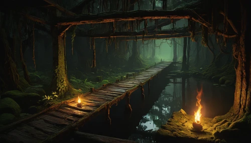 wooden bridge,wooden path,forest path,log bridge,the mystical path,elven forest,flooded pathway,swampy landscape,swamp,hollow way,haunted forest,forest dark,pathway,the forest,adventure game,forest glade,the path,hangman's bridge,fantasy landscape,forest,Conceptual Art,Daily,Daily 12