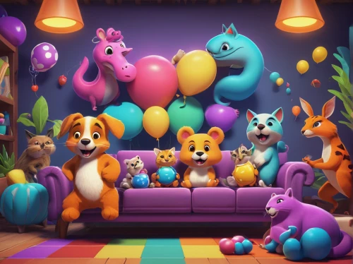 animal balloons,colorful balloons,kids room,children's background,children's room,the little girl's room,star balloons,baby room,cartoon forest,playing room,plush toys,stuffed animals,color dogs,children's bedroom,cuddly toys,kids party,boy's room picture,a party,cartoon video game background,happy birthday balloons,Illustration,Realistic Fantasy,Realistic Fantasy 41