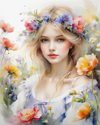 girl in flowers,flower fairy,beautiful girl with flowers,faery,flower painting,watercolor floral background,flower background,jessamine,faerie,floral background,flower girl,flowers png,blooming wreath,splendor of flowers,flower illustrative,mystical portrait of a girl,wreath of flowers,flower art,floral wreath,flower essences,Illustration,Paper based,Paper Based 11
