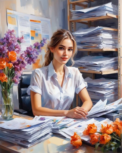 office worker,secretary,girl studying,girl at the computer,receptionist,administrator,in a working environment,office,study,office desk,artist portrait,working space,study room,paperwork,place of work women,blur office background,auditor,bussiness woman,bookkeeper,italian painter