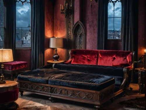 four poster,four-poster,ornate room,chaise lounge,wade rooms,luxury decay,victorian style,chaise longue,a dark room,dark gothic mood,haunted castle,upholstery,settee,victorian,interiors,dracula's birthplace,hotel de cluny,gothic style,sleeping room,great room,Photography,General,Realistic
