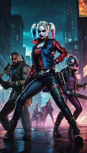 harley quinn,harley,cyberpunk,monsoon banner,renegade,cg artwork,red hood,dead pool,game art,concept art,joker,dystopian,comic characters,superhero background,riot,media concept poster,clowns,would a background,merc,birds of prey-night,Photography,Artistic Photography,Artistic Photography 05