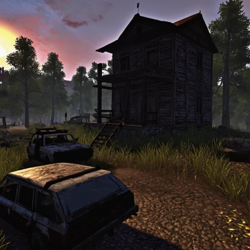 rust truck,farmstead,devilwood,homestead,croft,freight depot,ghost car rally,dusk background,open hunting car,dacia,rural area,screenshot,gaz-21,abandoned car,pickup-truck,salvage yard,jeep wagoneer,g-class,uaz-452,wooden hut,Illustration,Realistic Fantasy,Realistic Fantasy 23