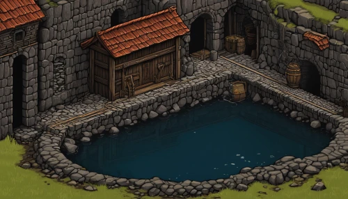 wishing well,underground lake,the wolf pit,fish pond,tavern,dungeon,castle iron market,water spring,sunken church,dug-out pool,water mill,sinkhole,pigeon spring,a small lake,dungeons,mountain spring,tileable,swim ring,water well,pond,Illustration,Japanese style,Japanese Style 15