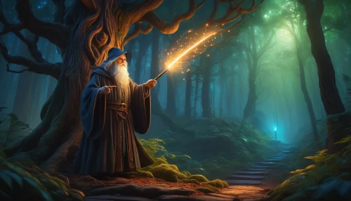 elven forest,fantasy picture,the wizard,jrr tolkien,wizard,gandalf,druid grove,druid,fantasy art,holy forest,the mystical path,druids,enchanted forest,magic tree,light bearer,forest of dreams,forest background,sci fiction illustration,elven,forest path,Illustration,Realistic Fantasy,Realistic Fantasy 27