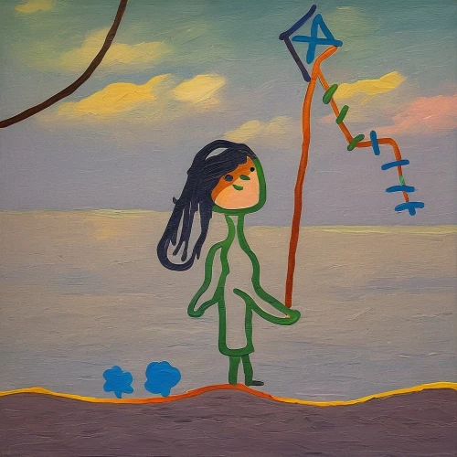 little girl in wind,girl on the dune,little girl with umbrella,tightrope walker,kite flyer,girl with tree,indigenous painting,woman walking,girl in a long,girl with a wheel,little girl with balloons,girl walking away,fly a kite,torch-bearer,kokopelli,bows and arrows,el salvador dali,wind finder,inflated kite in the wind,dowsing,Conceptual Art,Oil color,Oil Color 10