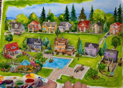 houses clipart,resort town,aurora village,playmat,escher village,north american fraternity and sorority housing,houses,blocks of houses,cottages,town planning,town buildings,villages,alpine village,home landscape,board game,placemat,mountain village,row of houses,idyllic,fabric painting,Illustration,Paper based,Paper Based 24