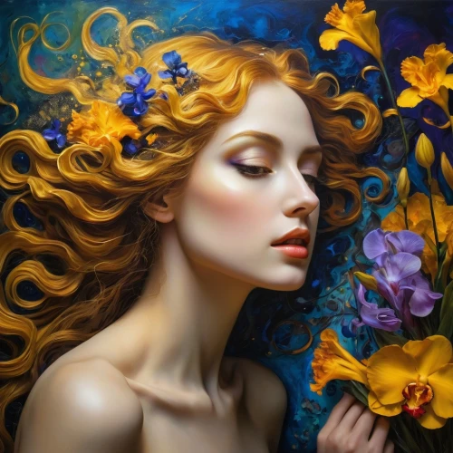 girl in flowers,splendor of flowers,yellow petals,flower painting,beautiful girl with flowers,flower fairy,golden flowers,flower nectar,fantasy art,faery,flower art,flower wall en,golden lilac,yellow petal,yellow butterfly,faerie,secret garden of venus,mystical portrait of a girl,oil painting on canvas,golden passion flower butterfly,Illustration,Realistic Fantasy,Realistic Fantasy 30