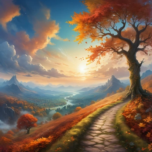 autumn landscape,fantasy landscape,landscape background,autumn background,fall landscape,autumn mountains,autumn scenery,fantasy picture,autumn tree,the mystical path,nature landscape,autumn forest,forest landscape,hiking path,mountain landscape,autumn idyll,autumn trees,beautiful landscape,pathway,sky of autumn,Illustration,Realistic Fantasy,Realistic Fantasy 01