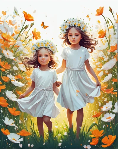 little angels,white daisies,little girls,children's background,daisies,little girls walking,fairies,children girls,white butterflies,kids illustration,girl and boy outdoor,twin flowers,fairies aloft,little boy and girl,sun daisies,girl in flowers,happy children playing in the forest,two girls,springtime background,flower background,Conceptual Art,Fantasy,Fantasy 21