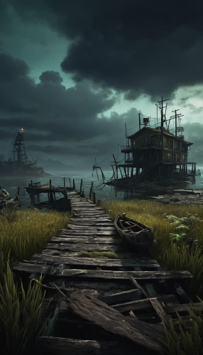 docks,ship wreck,wooden pier,an island far away landscape,the wreck of the ship,pirate ship,dock,docked,ship yard,monkey island,swampy landscape,foreshore,backwater,boat wreck,shipwreck,old pier,shipyard,harbor,wooden bridge,ghost ship,Art,Classical Oil Painting,Classical Oil Painting 34